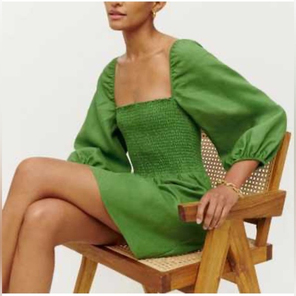 Reformation Dress Greyson Shirred Linen Mini Dress Green XL $245 - Picture 3 of 13